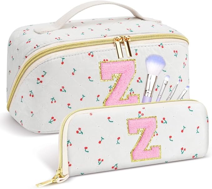 Personalized Travel Makeup Bag Set,Initial Travel Cute Cherry Makeup Organizer Bag,Toiletry Skincare Cosmetic Bag,Christmas Gifts for Women/Girls,Open Flat Toiletry Pouch with Brush Pocket-Z