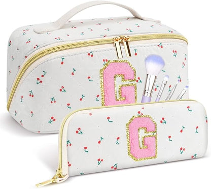 Personalized Travel Makeup Bag Set,Initial Travel Cute Cherry Makeup Organizer Bag,Toiletry Skincare Cosmetic Bag,Christmas Gifts for Women/Girls,Open Flat Toiletry Pouch with Brush Pocket-G