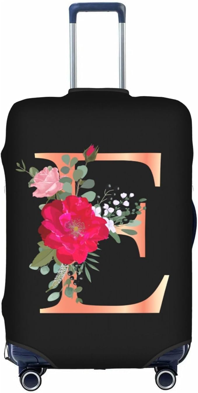 Floral Letter E Travel Luggage Cover Spandex Suitcase Protector Elastic Washable Stretch Suitcase Cover,Size L(Fit 25-28inch Suitcase)