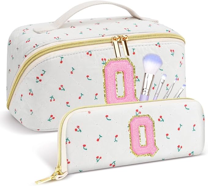 Personalized Travel Makeup Bag Set,Initial Travel Cute Cherry Makeup Organizer Bag,Toiletry Skincare Cosmetic Bag,Christmas Gifts for Women/Girls,Open Flat Toiletry Pouch with Brush Pocket-Q