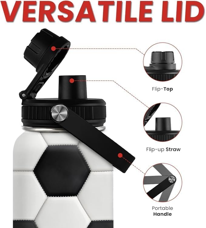 Soccer Water Bottle with Lid - 32oz Insulated Stainless Steel Sport Bottles - Gift for Men Soccer Player Fan Coach