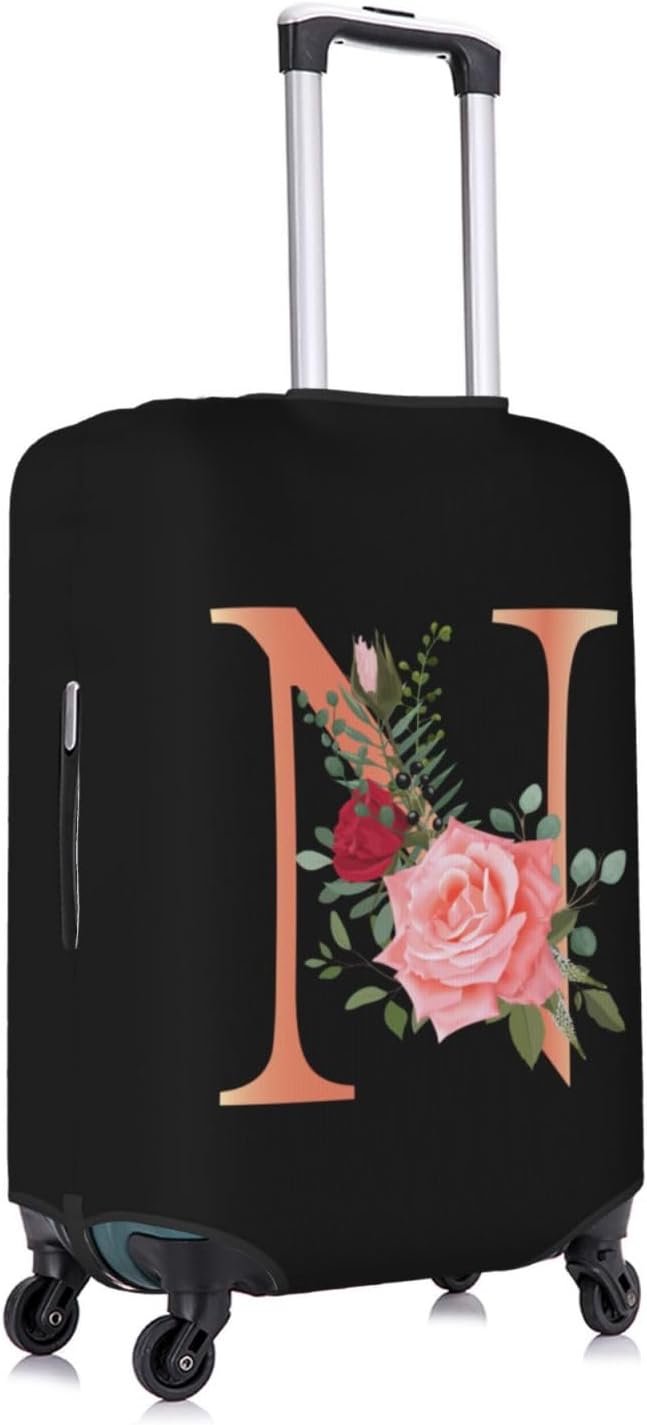 Floral Letter N Travel Luggage Cover Spandex Suitcase Protector Elastic Washable Stretch Suitcase Cover,Size L(Fit 25-28inch Suitcase)