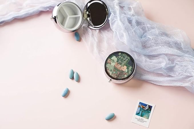 Pill Box,Cute Kawaii Anime Round Pill Box 3 Compartment Decorative Pocket Purse Portable Mini Travel Medicine Tablet Vitamin Holder Organizer Pill Case