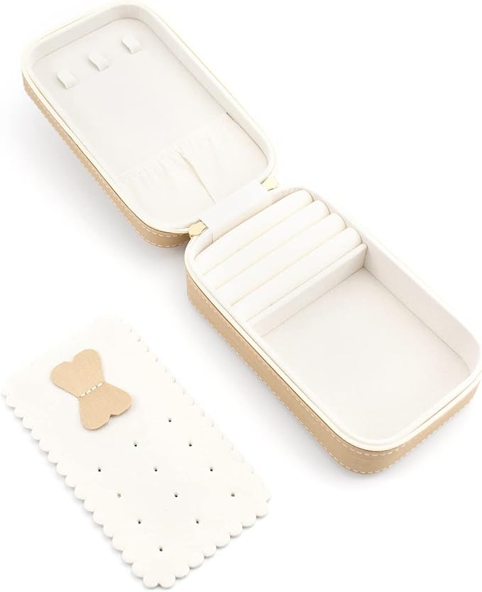 Small Travel Jewelry Organizers Box for women with PU Leather Portable Mini Jewelry Case with compartments for Necklace Rings Earrings,Luxury Giftable boxes. (Champagne, M)
