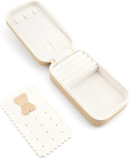 Small Travel Jewelry Organizers Box for women with PU Leather Portable Mini Jewelry Case with compartments for Necklace Rings Earrings,Luxury Giftable boxes. (Champagne, M)