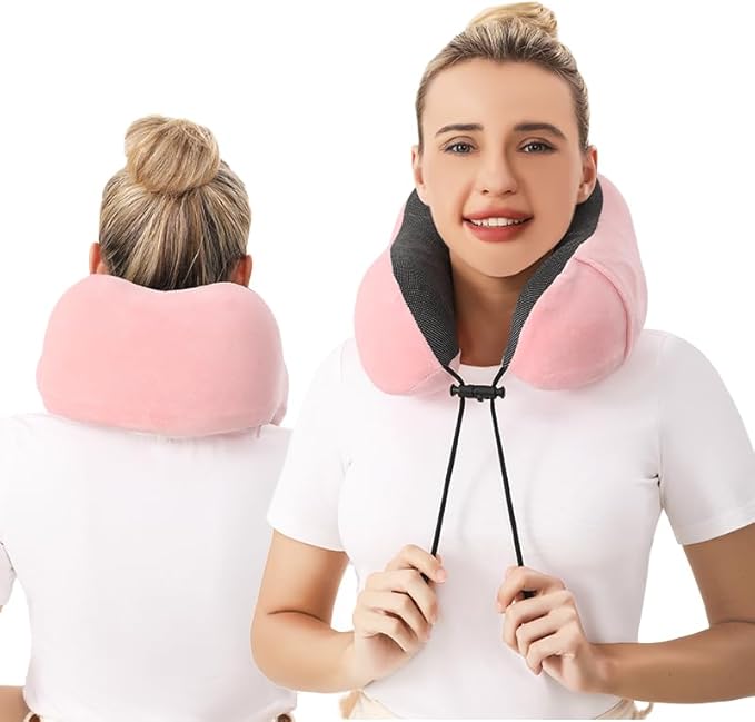 Airplane Travel Neck Pillow, 100% Memory Foam Ergonomic Neck Support, Airplanes Neck Pillow with Washable Cover Travel Essential for Flight Car & Office Includes Eye Masks, Earplugs & Carry Bag (Pink)