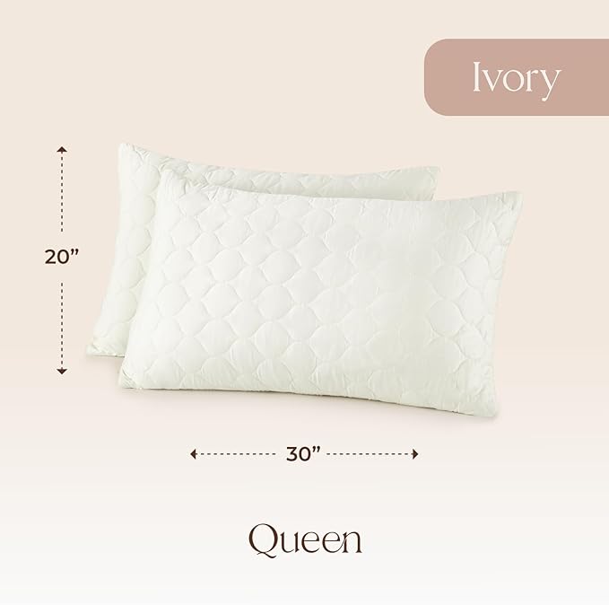 Organic Cotton Pillow Protector - Durable Quilted Pillow Protector Queen Size GOTS & Fairtrade Certified - Thick Hypoallergenic Machine Washable Breathable Cover & Edge Piping - 2 Pack (Ivory, Queen)