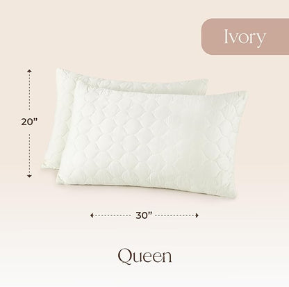 Organic Cotton Pillow Protector - Durable Quilted Pillow Protector Queen Size GOTS & Fairtrade Certified - Thick Hypoallergenic Machine Washable Breathable Cover & Edge Piping - 2 Pack (Ivory, Queen)