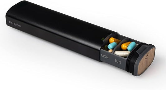7 Day Pills Organizer Stylish Aluminum and Wood Weekly Pill Box for Medicine, Vitamins, and Supplements. Sleek, Durable & Compact Travel Case. (Black)