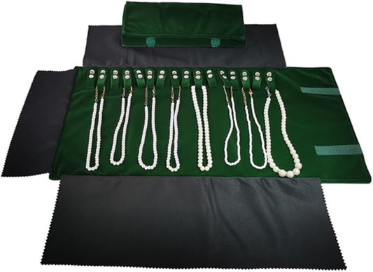 Premium Jewelry Roll Organizer for 16 Necklaces 55cm x 29cm Metal Snap & Velcro Closure - Ideal for Travel and Storage (Green)