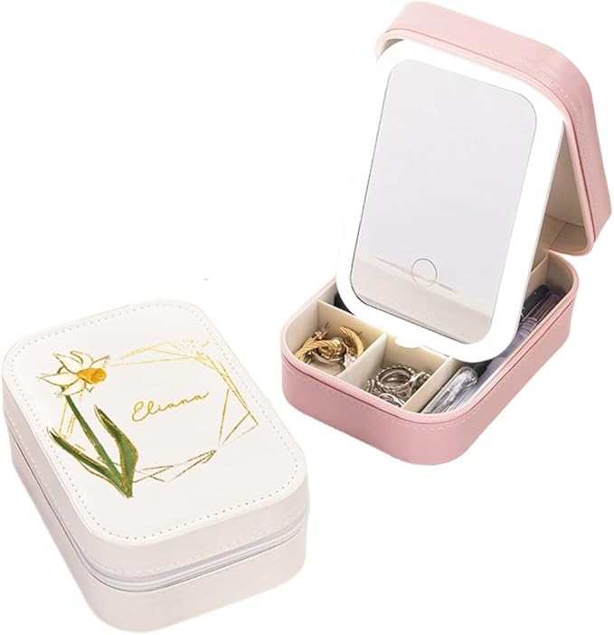 callie Personalized Birth Flower Jewelry Box with Mirror & LED 3 Adjustable Light, Custom Name - Travel Makeup Box Case, Birthday Christmas Gift for Women Girls