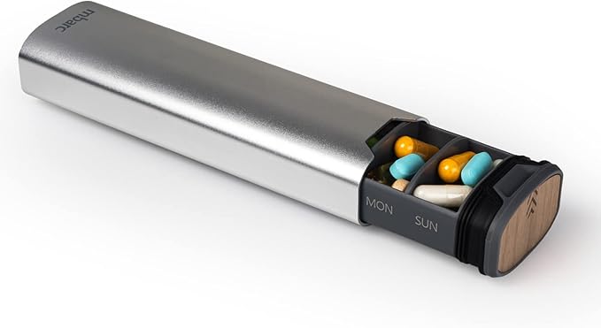 7 Day Weekly Pill Organizer 2.0 by mbarc - Premium Stylish Aluminum and Wood Large Capacity Pill Box for Supplements, Pills, Vitamins and Medication. (Metallic Silver)