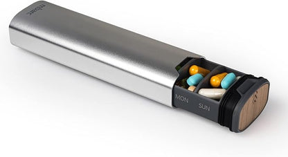 7 Day Weekly Pill Organizer 2.0 by mbarc - Premium Stylish Aluminum and Wood Large Capacity Pill Box for Supplements, Pills, Vitamins and Medication. (Metallic Silver)