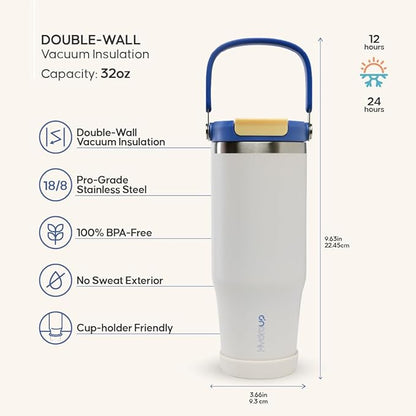 Sport Tumbler 32oz Stainless Steel Water Bottle, Vacuum Insulated with 2-in-1 Lid (Straw & Spout), Leak-Proof Reusable Travel Mug for Hot and Cold Drinks