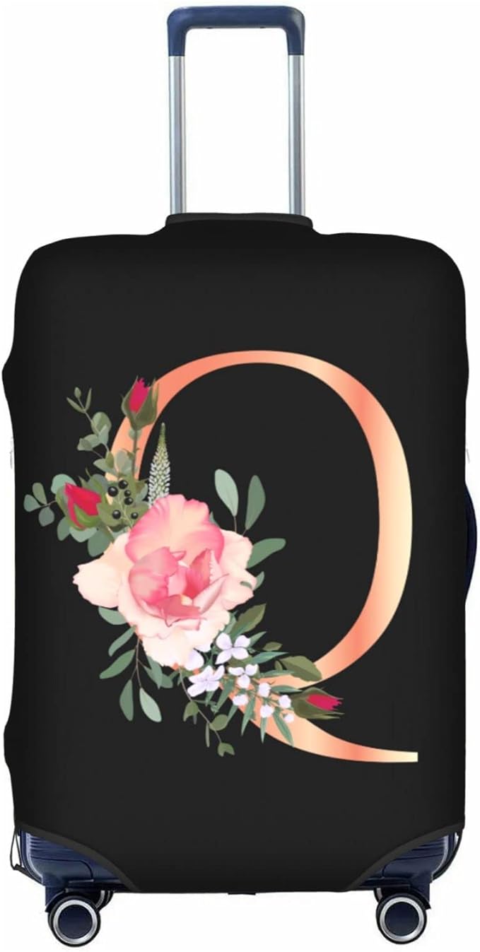Floral Letter Q Travel Luggage Cover Spandex Suitcase Protector Elastic Washable Stretch Suitcase Cover,Size M(Fit 22-24inch Suitcase)