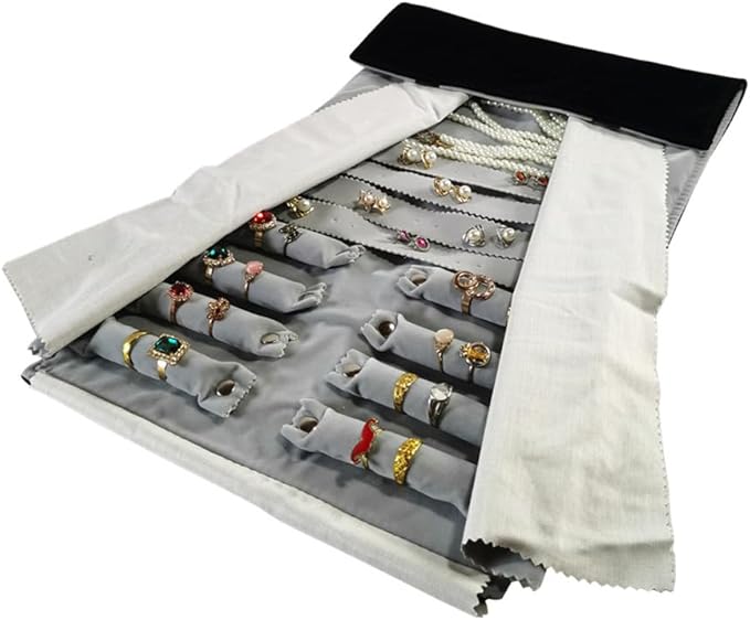 Velvet Travel Jewelry Case Roll Bag Organizer for Necklace Bracelet Earrings Ring (Black) (Black and Grey)