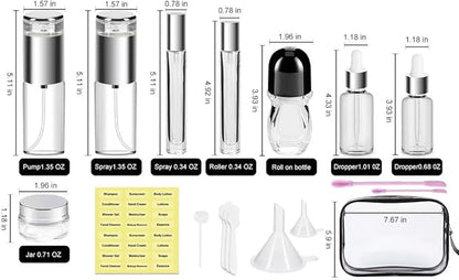34 Piece Glass Travel Bottles for Toiletries TSA Approved Mini Makeup Containers with Toiletry Bag Refillable BPA Free Skincare Container Leak Proof for Serums, Moisturizers, Toners, Cream