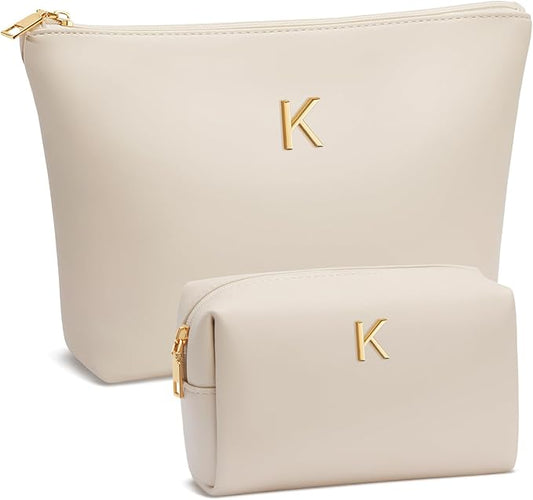Women Gifts | Initial Makeup Bag Set for Girl Personalized Gifts for Bridesmaid Friend Graduation Teachers PU Leather Cosmetic Travel Toiletry Bag(Beige,K)