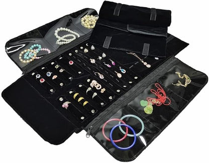 Velvet Travel Jewelry Case Roll Bag Organizer for Necklace Bracelet Earrings Ring (Black)