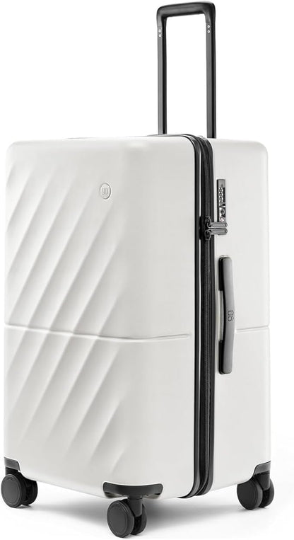 NINETYGO Trunk Luggage 22 Inch, Small Checked Luggage with Double Spinner Wheels, Anti-Burst Zipper, Hard Case PC Suitcase, Lightweight Travel Luggage, TSA Approved (Pearl White, Hudson)