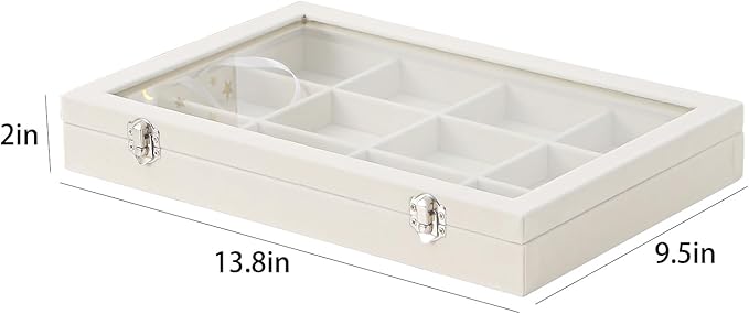 Coward Jewelry Organizer Box, Beige Velvet 12 Grids Bracelet Bangle Necklace Jewelry Display Tray Case with Transparent Glass Lid for Home Drawer Desk or Store Selling Show