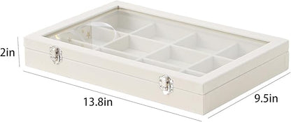 Coward Jewelry Organizer Box, Beige Velvet 12 Grids Bracelet Bangle Necklace Jewelry Display Tray Case with Transparent Glass Lid for Home Drawer Desk or Store Selling Show