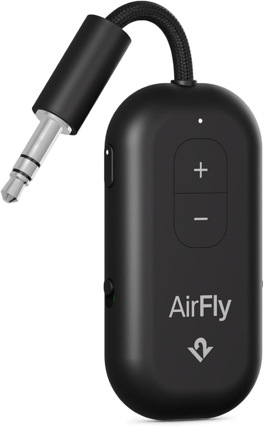 AirFly Pro 2 – Bluetooth Adapter for Airplane, Pair 2 AirPods or Wireless Headphones – 3.5mm AUX Bluetooth Transmitter and Receiver for Cars, Boats, Treadmills, TVs– Airplane Travel Essentials, Black