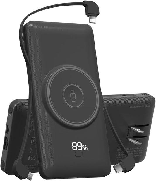 Magnetic 10000mAh Portable Charger for iWatch & iPhone, 22.5W USB C Fast Charging Wireless Power Bank Built-in Cables and Wall Plug, External Travel Battery Pack Compatible with iOS Android Devices