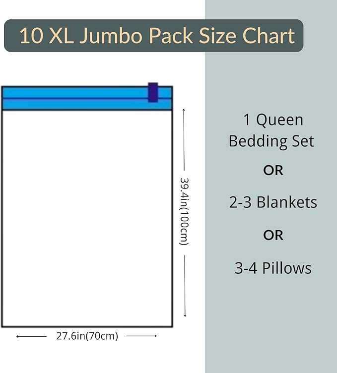 10 XL Jumbo Vacuum Storage Bags with Pump, Extra Large Compression Space Saver for Comforter, Duvet, Bedding, Blanket Storage, Vacuum Seal Bags for Clothing, Luggage Closet Organizer