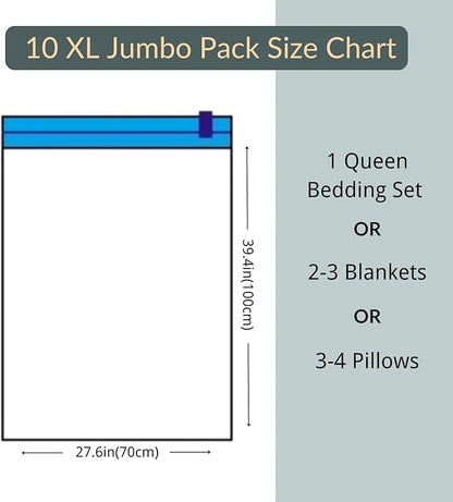 10 XL Jumbo Vacuum Storage Bags with Pump, Extra Large Compression Space Saver for Comforter, Duvet, Bedding, Blanket Storage, Vacuum Seal Bags for Clothing, Luggage Closet Organizer