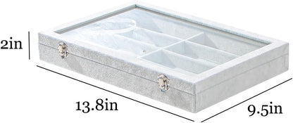 Coward Sunglass Organizer Tray Box, Grey Beige Velvet Eyeglasses Display Tray Case with Transparent Glass Lid for Home Use or Store Shop Selling Show