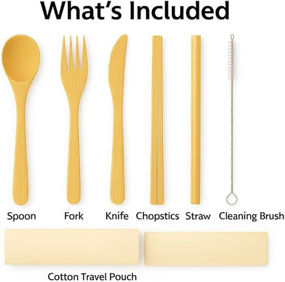 Bamboo Utensil Set Reusable Travel Cutlery – Eco Friendly Portable Flatware Kit with Wooden Fork, Spoon, Knife, Chopsticks & Straw – Zero Waste Lunch Box Accessories for Work, Camping, Picnic