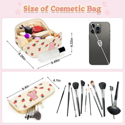 Personalized Travel Makeup Bag Set,Initial Travel Strawberry Makeup Organizer Bag,Toiletry Skincare Cosmetic Bag,Christmas Gifts for Women/Girls,Open Flat Toiletry Pouch with Brush Pocket-C