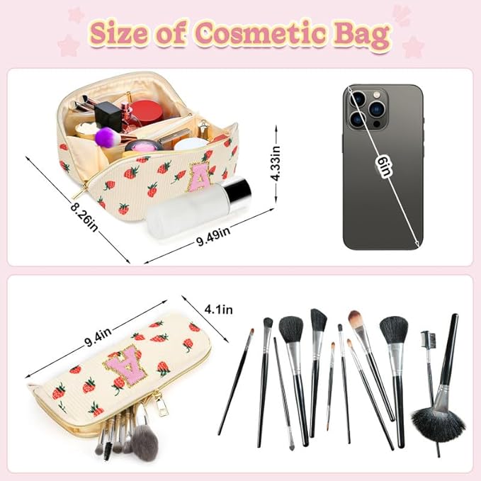 Personalized Travel Makeup Bag Set,Initial Travel Strawberry Makeup Organizer Bag,Toiletry Skincare Cosmetic Bag,Christmas Gifts for Women/Girls,Open Flat Toiletry Pouch with Brush Pocket-Z