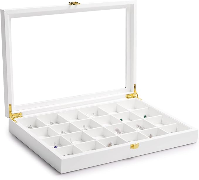 Oirlv Premium Blue Leather 24 Grid Jewelry Tray with Transparent Lid Earrings Rings Organizer Box Stackable Jewelry Box Drawer Inserts Women Gift