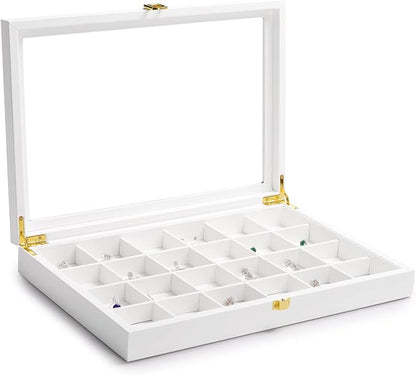 Oirlv Premium Blue Leather 24 Grid Jewelry Tray with Transparent Lid Earrings Rings Organizer Box Stackable Jewelry Box Drawer Inserts Women Gift