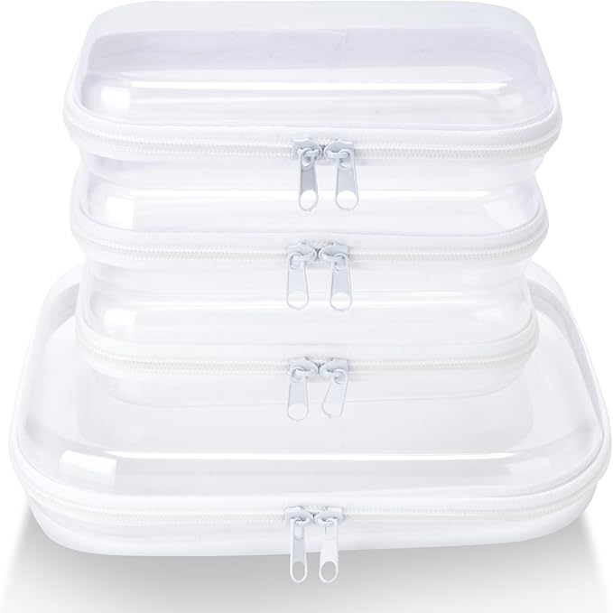 4 pcs Clear Zipper Pouches,Hard Shell Zipper Case, Toiletry Bag for Travel, CLear Diaper Bag, Toiletry Pouch, Travel Organizer, Clear Cosmetic Bag,Toy Storage Bins (M+3S)