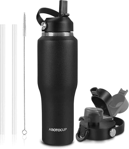 40oz Black Water Bottle Stainless Steel, Keep Cold 24H&Hot 12H, Water Bottle with Straw&Spout Lids, Insulated Water Bottle Double Wall Vacuum, Fit in Any Car Cup Holder, Leak-proof BPA Free,Black