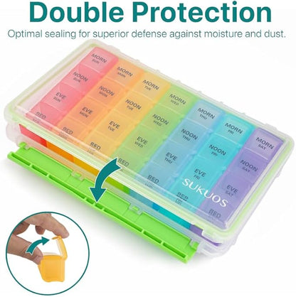 Sukuos Weekly Pill Organizer 7 Day 4 Times a Day 2 Pcs, Easy to Open Large Daily Pill Box, Moisture-Resistant Medicine Cases for Medication/Vitamin/Fish Oil/Supplements (Rainbow)