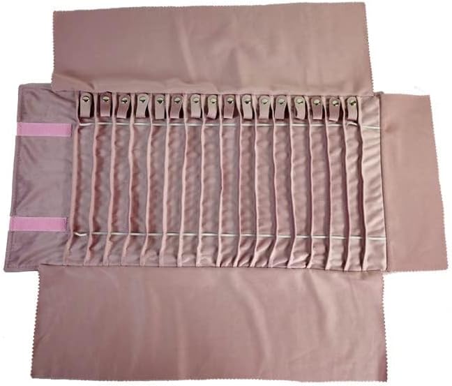 Portable Jewelry Roll Untangled Secure Necklace Travel Storage Bag Displays Holder 16 Chain (Embroidery Pink Velvet)