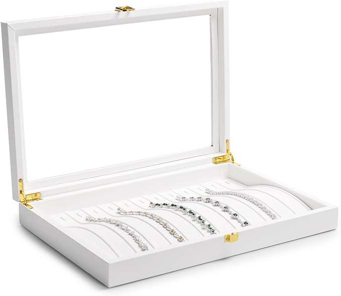 Oirlv White Leather Acrylic Lid Jewelry Necklace Organizer Box Necklace Bracelet Display Holder Case Drawer Insert Women Gift