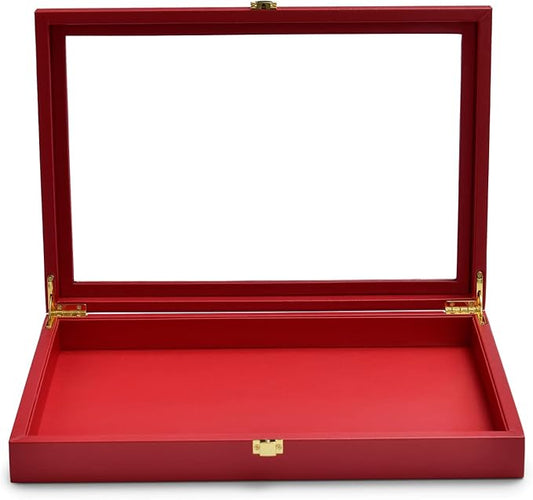 Oirlv Premium Red Leather Jewelry Tray with Acrylic Lid Jewelry Organizer Case Showcase Jewelry Display Organizer Box