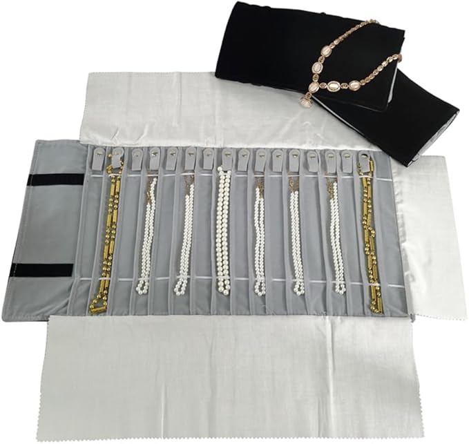 Portable Jewelry Roll Untangled Secure Necklace Travel Storage Bag Displays Holder 16 Chain (Black and Gray)