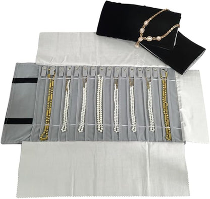 Portable Jewelry Roll Untangled Secure Necklace Travel Storage Bag Displays Holder 16 Chain (Black and Gray)