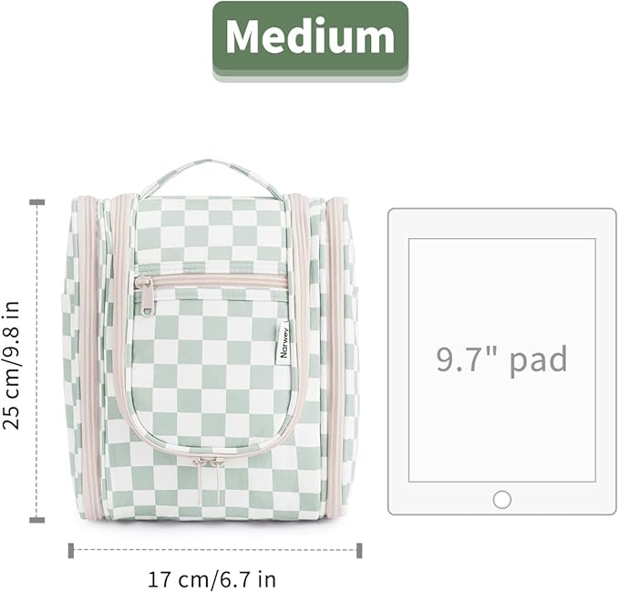 Narwey Small Checkered Hanging Travel Toiletry Bag for Women, Travel Bag for Toiletries, Makeup Bag Organizer Cosmetic Bags Make Up Bags for Women (Mint Green Checkerboard)