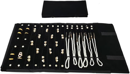 Velvet Travel Jewelry Case Roll Bag Organizer for Necklace Bracelet Earrings Ring (Black) (Black(2+6+6))