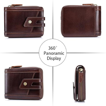 Genuine Leather Men's Wallet with Zipper Vintage RFID Blocking Large Capacity Wallet for Men with 11 Credit Card Slots and 1 ID Window (Coffee)