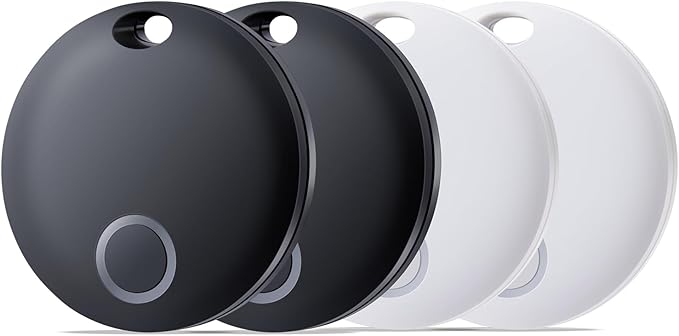 Reyke Smart Tag, Bluetooth Luggage Tracker, Works with Apple Find My (iOS Only), Item Locator for Key, Luggage, Backpack, Wallet, IP67 Waterproof, 4 Pack, Black+White
