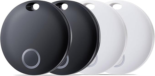 Reyke Smart Tag, Bluetooth Luggage Tracker, Works with Apple Find My (iOS Only), Item Locator for Key, Luggage, Backpack, Wallet, IP67 Waterproof, 4 Pack, Black+White