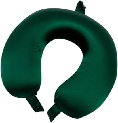 100% Mulberry Silk Neck Pillow for Travel 22 Momme Real Silk Travel Pillow for Pain Relief Sleeping, Silk Airplane Pillow, Anti Wrinkle Travel Pillow Made in USA (Emerald Green)